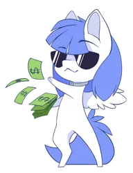 Size: 838x1090 | Tagged: safe, artist:arctic-fox, derpibooru import, oc, oc:snow pup, unofficial characters only, pegasus, pony, chibi, collar, image, money, png, simple background, solo, sunglasses, transparent background