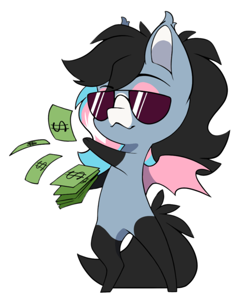 Size: 902x1094 | Tagged: safe, artist:arctic-fox, derpibooru import, oc, oc:starskipper, unofficial characters only, bat pony, pony, bat pony oc, bat wings, chibi, image, money, png, pride flag, simple background, solo, sunglasses, trans pride flag, transparent background, wings