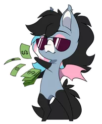 Size: 902x1094 | Tagged: safe, artist:arctic-fox, derpibooru import, oc, oc:starskipper, unofficial characters only, bat pony, pony, bat pony oc, bat wings, chibi, image, money, png, pride flag, simple background, solo, sunglasses, trans pride flag, transparent background, wings