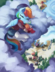 Size: 3117x4096 | Tagged: safe, artist:saxopi, derpibooru import, rainbow dash, pegasus, pony, boat, clothes, cloud, cute, house, image, jpeg, lighthouse, pier, scarf, sleeping, solo, water