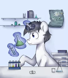 Size: 1280x1463 | Tagged: safe, artist:0blackster, derpibooru import, oc, unofficial characters only, pony, unicorn, digital art, glowing horn, hooves, horn, image, jpeg, laboratory, magic, male, solo, stallion