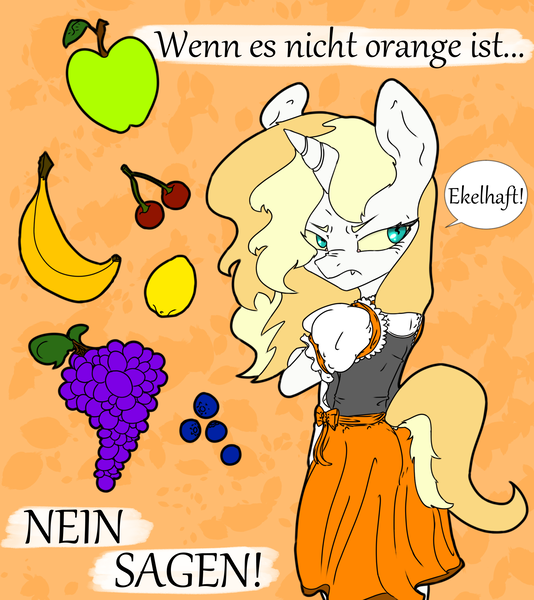 Size: 1953x2195 | Tagged: safe, artist:2hrnap, derpibooru import, oc, oc:dyxkrieg, unofficial characters only, apple, banana, blueberry, cherry, clothes, dirndl, dress, food, grapes, image, lemon, magical lesbian spawn, offspring, parent:oc:dyx, parent:oc:luftkrieg, parents:oc x oc, png, speech bubble, wingding eyes