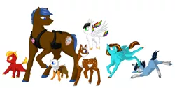 Size: 3842x1940 | Tagged: safe, artist:byemyfriends, derpibooru import, oc, oc:any pony, oc:firebrand, oc:ilovekimpossiblealot, oc:lightning bliss, oc:mad munchkin, oc:silver quill, oc:tyandaga, unofficial characters only, alicorn, deer, gryphon, pony, alicorn oc, colt, deer oc, female, filly, flying, griffon oc, horn, image, male, mare, png, simple background, stallion, white background, wings