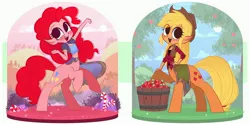 Size: 4096x2048 | Tagged: safe, artist:syrupyyy, derpibooru import, applejack, pinkie pie, centaur, apple, applejack's hat, apple tree, belly button, blushing, bucket, candy, candy cane, centaurified, choker, clothes, cowboy hat, cowboy vest, cute, diapinkes, duo, elf ears, female, flannel, food, freckles, grass, hat, image, jackabetes, jpeg, midriff, open mouth, peppermint, skirt, species swap, tanktop, tree