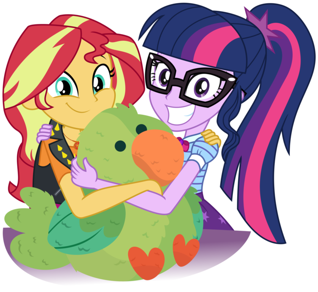 Size: 2956x2716 | Tagged: safe, artist:sketchmcreations, derpibooru import, sci-twi, sunset shimmer, twilight sparkle, bird, parakeet, equestria girls, equestria girls series, holidays unwrapped, spoiler:eqg series (season 2), arm around back, arm on shoulder, dashing through the mall, female, grin, happy, image, plushie, png, simple background, smiling, transparent background, vector