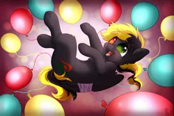 Size: 1280x853 | Tagged: safe, artist:zoba22, derpibooru import, oc, oc:shade demonshy, unofficial characters only, pegasus, pony, balloon, bandage, female, happy, heterochromia, image, jpeg, mare, ponytail, solo