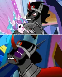 Size: 1436x1808 | Tagged: semi-grimdark, derpibooru import, edit, edited screencap, screencap, king sombra, princess flurry heart, the beginning of the end, abuse, abuse edit, black eye, image, jpeg, sad, sombrabuse