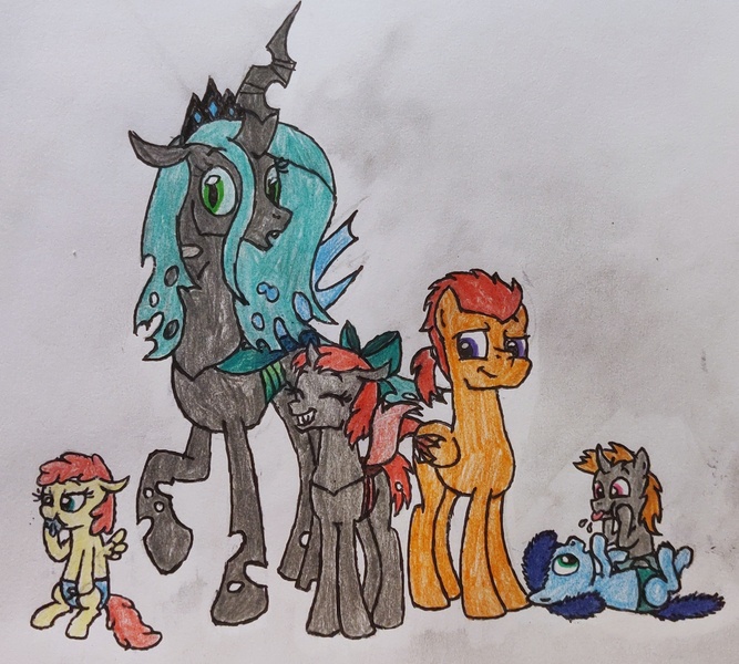 Size: 2347x2112 | Tagged: safe, artist:someguy458, derpibooru import, queen chrysalis, oc, oc:bedbug, oc:crimson mane, oc:low chirp, oc:myiasis, oc:ruby wings, changeling, pony, series:rubyandfriends, family, image, jpeg