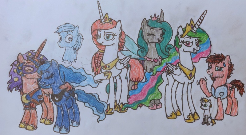 Size: 3843x2112 | Tagged: safe, artist:someguy458, derpibooru import, princess celestia, princess luna, oc, oc:alicus primus, oc:daisy nectar, oc:lemon light, oc:lunar masquerade, oc:partial eclipse, oc:ventus, alicorn, changeling, earth pony, ghost, pony, undead, unicorn, series:rubyandfriends, family, grin, hug, image, jpeg, nervous, nervous grin, pregnant, smiling, winghug, wings