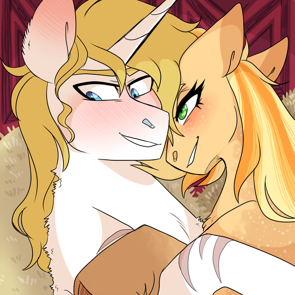 Size: 3000x3000 | Tagged: suggestive, artist:gingygin, derpibooru import, applejack, prince blueblood, earth pony, pony, unicorn, bluejack, blushing, female, hatless, image, looking away, male, mare, missing accessory, png, scar, shipping, stallion, straight