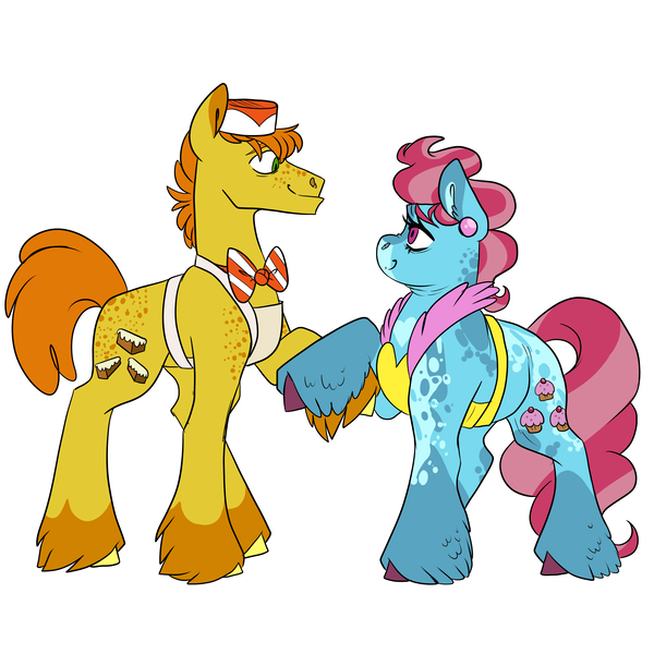 Size: 3000x3000 | Tagged: safe, artist:gingygin, derpibooru import, carrot cake, cup cake, earth pony, pony, apron, bowtie, cap, carrot cup, clothes, female, hat, holding hooves, husband and wife, image, looking at each other, male, mare, png, shipping, simple background, stallion, straight, unshorn fetlocks, white background