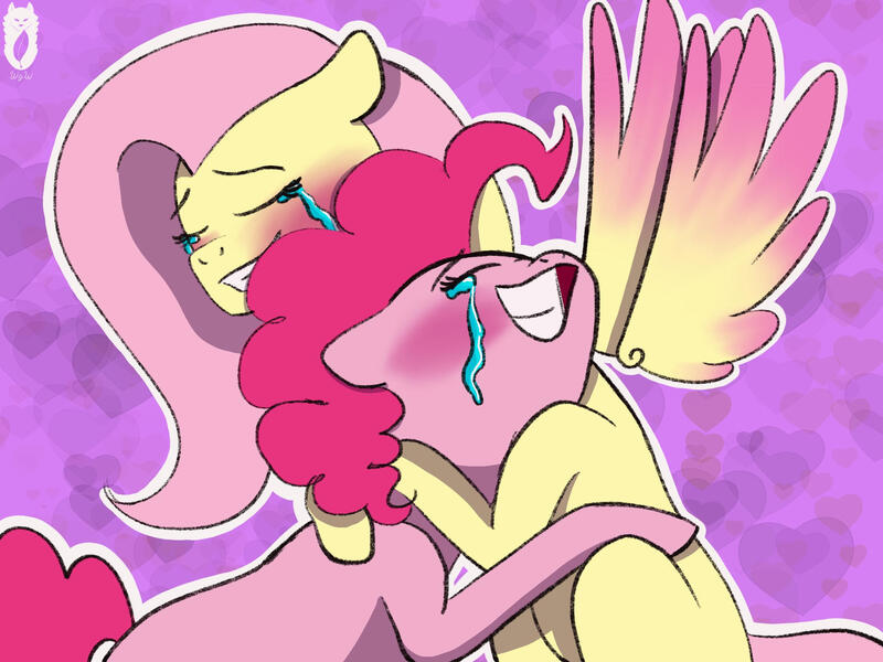 Size: 1920x1440 | Tagged: safe, artist:wolfjawswriter, derpibooru import, fluttershy, pinkie pie, earth pony, pegasus, pony, abstract background, blushing, crying, female, flutterpie, hug, image, jpeg, lesbian, shipping, spread wings, tears of joy, wings