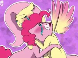 Size: 1920x1440 | Tagged: safe, artist:wolfjawswriter, derpibooru import, fluttershy, pinkie pie, earth pony, pegasus, pony, abstract background, blushing, crying, female, flutterpie, hug, image, jpeg, lesbian, shipping, spread wings, tears of joy, wings