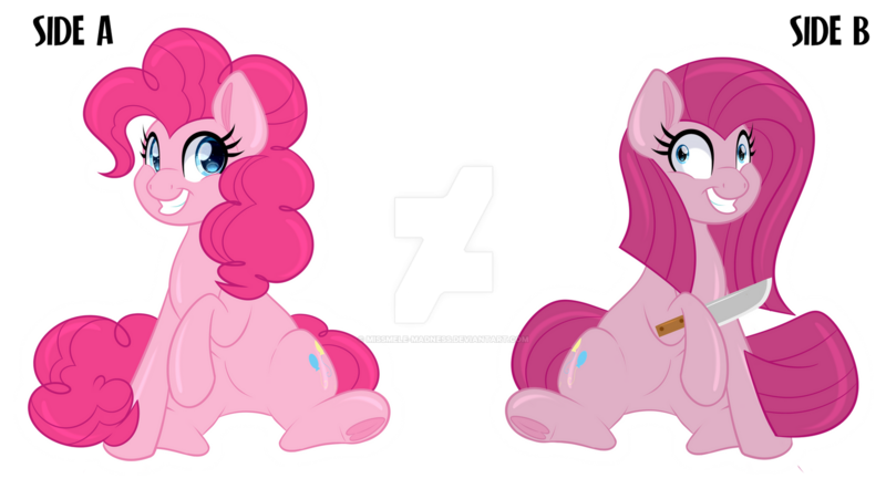 Size: 1600x883 | Tagged: safe, artist:missmele-madness, derpibooru import, part of a set, pinkie pie, earth pony, pony, deviantart watermark, duality, grin, image, knife, obtrusive watermark, pinkamena diane pie, png, simple background, smiling, transparent background, watermark, white outline