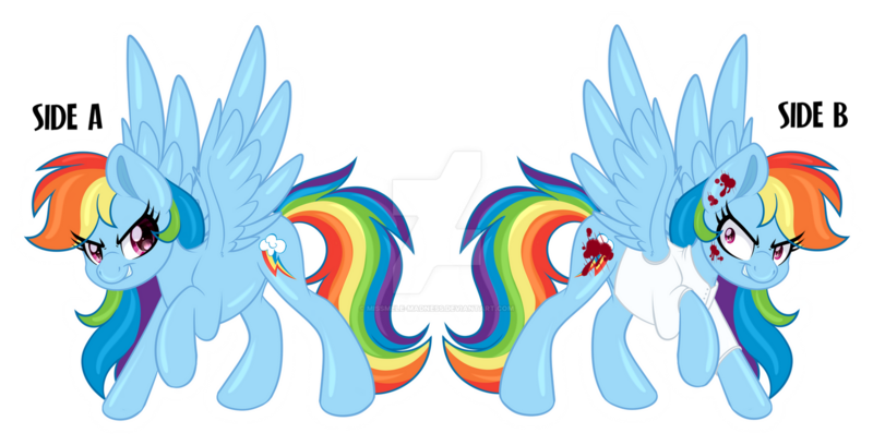 Size: 1600x815 | Tagged: semi-grimdark, artist:missmele-madness, derpibooru import, part of a set, rainbow dash, pegasus, pony, fanfic:rainbow factory, blood, deviantart watermark, duality, fanfic art, image, obtrusive watermark, png, rainbow factory dash, simple background, solo, transparent background, watermark, white outline