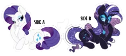 Size: 1600x721 | Tagged: safe, artist:missmele-madness, derpibooru import, part of a set, nightmare rarity, rarity, pony, unicorn, deviantart watermark, duality, image, lying down, obtrusive watermark, png, prone, simple background, transparent background, watermark, white outline