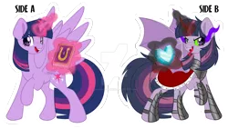 Size: 1600x911 | Tagged: safe, artist:missmele-madness, derpibooru import, part of a set, twilight sparkle, twilight sparkle (alicorn), alicorn, bat pony, bat pony alicorn, pony, bat ponified, bat wings, book, corrupted, corrupted twilight sparkle, crystal heart, dark magic, deviantart watermark, duality, forked tongue, horn, image, magic, obtrusive watermark, png, race swap, simple background, sombra eyes, sombra's cape, tongue out, transparent background, twibat, tyrant sparkle, watermark, white outline, wings