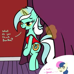 Size: 2000x2000 | Tagged: safe, artist:dafiltafish, derpibooru import, bon bon, lyra heartstrings, sweetie drops, earth pony, pony, unicorn, comic:day by day, bipedal, blood, clothes, curtains, dialogue, female, image, lesbian, lyrabon, magic, nosebleed, png, shipping, swimsuit