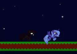 Size: 456x321 | Tagged: artist needed, semi-grimdark, derpibooru import, screencap, pinkie pie, princess luna, alicorn, earth pony, pony, luna game, .exe, bloodlineluna.exe, cutie mark, desktop ponies, duo, evil pinkie pie, female, game screencap, image, night, pixel art, png, recolor, shadow, sprite, starry night, stars, this will not end well