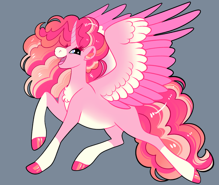 Size: 2600x2200 | Tagged: safe, artist:loryska, derpibooru import, oc, alicorn, pony, colored wings, female, image, magical lesbian spawn, mare, multicolored wings, offspring, parent:pinkie pie, parent:princess cadance, png, simple background, solo, wings
