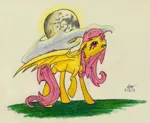 Size: 1309x1072 | Tagged: safe, artist:destology, derpibooru import, fluttershy, bat pony, pony, bat ponified, fangs, flutterbat, full moon, image, moon, png, race swap, solo, traditional art