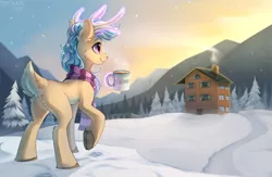 Size: 3000x1950 | Tagged: safe, artist:trickate, derpibooru import, oc, oc:karolin, unofficial characters only, deer, pony, reindeer, clothes, female, hut, image, magic, mountain, mug, png, scarf, snow, snowy mountain