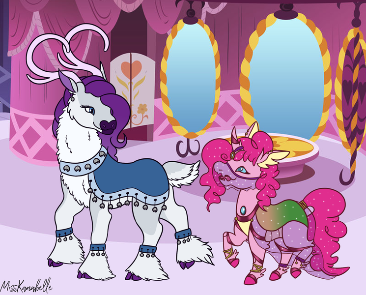 Size: 1862x1500 | Tagged: safe, artist:misskanabelle, derpibooru import, pinkie pie, rarity, changedling, changeling, deer, pony, reindeer, antlers, changedlingified, deerified, duo, female, image, looking back, mirror, png, rarideer, reindeerified, signature, species swap