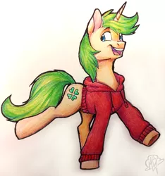 Size: 3405x3636 | Tagged: safe, artist:megabait, derpibooru import, oc, oc:markov, unofficial characters only, pony, unicorn, 4chan, green hair, happy, image, painting, pencil, png, traditional art