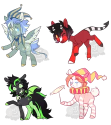 Size: 1600x1800 | Tagged: safe, artist:lavvythejackalope, derpibooru import, oc, unofficial characters only, bat pony, pegasus, pony, bat pony oc, bat wings, clown, hat, horns, image, jester, jester hat, one eye closed, pegasus oc, plate, png, raised hoof, simple background, smiling, transparent background, two toned wings, wings, wink