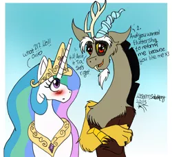 Size: 2236x2052 | Tagged: safe, artist:chibi-n92, derpibooru import, discord, princess celestia, alicorn, draconequus, pony, blushing, chest fluff, dislestia, female, gradient background, horn, image, jewelry, jpeg, male, mare, peytral, shipping, straight, talking, tiara, wings