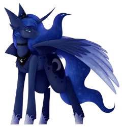 Size: 1280x1334 | Tagged: safe, artist:wingofpegacraft, derpibooru import, princess luna, alicorn, pony, blue mane, blue tail, chest fluff, crown, ethereal mane, eyelashes, feather, female, flowing mane, flowing tail, green eyes, hoof shoes, horn, image, jewelry, png, regalia, simple background, smiling, solo, starry mane, transparent background, wings