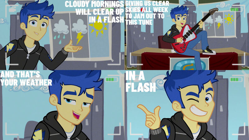 Size: 1280x720 | Tagged: safe, derpibooru import, edit, edited screencap, editor:quoterific, screencap, flash sentry, best trends forever, equestria girls, equestria girls series, bass guitar, camera shot, cloud, image, jpeg, looking at you, male, musical instrument, one eye closed, open mouth, rain, solo, sun, wink, winking at you