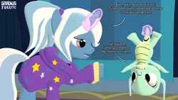 Size: 3413x1920 | Tagged: safe, artist:gradiusfanatic, derpibooru import, trixie, oc, oc:alex, dragon, pony, unicorn, 3d, alternate hairstyle, babysitter trixie, clothes, female, hoodie, image, male, png, source filmmaker, spanish text, translated in the description