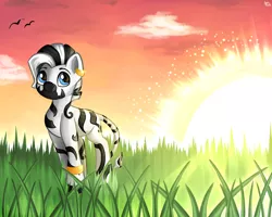 Size: 1280x1024 | Tagged: safe, artist:appleneedle, derpibooru import, oc, earth pony, pony, zebra, art, character, digital, draw, drawing, fanart, field, gold, grass, image, jpeg, nature, paint, painting, safari, sun, sunset