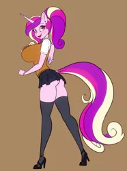 Size: 1790x2400 | Tagged: suggestive, artist:scorpdk, derpibooru import, princess cadance, alicorn, anthro, plantigrade anthro, ass, big breasts, breasts, busty princess cadance, butt, clothes, digital art, doodle, female, high heels, huge breasts, image, jpeg, lovebutt, milf, miniskirt, school uniform, schrödinger's pantsu, shoes, simple background, skirt, smiling, socks, solo, solo female, stockings, thigh highs