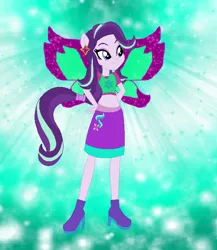 Size: 602x693 | Tagged: safe, artist:magical-mama, artist:selenaede, artist:user15432, derpibooru import, starlight glimmer, fairy, human, equestria girls, barely eqg related, base used, boots, clothes, crossover, cutie mark, cutie mark on clothes, element of justice, fairy wings, fairyized, gradient background, green background, hands on hip, high heel boots, high heels, image, magic winx, png, ponied up, purple shoes, purple wings, shoes, simple background, sparkly background, sparkly wings, wings, winx, winx club, winxified