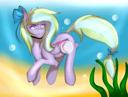 Size: 2809x2135 | Tagged: safe, artist:cannoncar, derpibooru import, oc, oc:bay breeze, unofficial characters only, pegasus, pony, bubble, chest fluff, colored pupils, commission, crepuscular rays, female, flowing tail, folded wings, image, ocean, pink eyes, png, ribbon, seaweed, smiling, solo, sunlight, swimming, underwater, water, wings