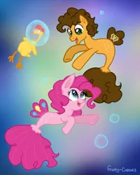 Size: 945x1181 | Tagged: safe, artist:frosty-cupcak3, derpibooru import, cheese sandwich, pinkie pie, earth pony, pony, seapony (g4), blue eyes, brown mane, bubble, dorsal fin, female, fish tail, flowing tail, gray eyes, image, jpeg, looking at each other, male, mare, open mouth, pink mane, seaponified, seapony pinkie pie, signature, smiling, species swap, stallion, tail, underwater, water
