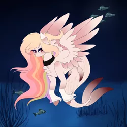 Size: 2000x2000 | Tagged: safe, artist:outlastien, derpibooru import, oc, unofficial characters only, fish, hybrid, merpony, pegasus, pony, seapony (g4), blushing, chest fluff, commission, eyelashes, feather, female, fins, fish tail, flowing mane, flowing tail, image, ocean, png, red eyes, seaponified, seaweed, solo, species swap, spread wings, tail, underwater, unshorn fetlocks, water, wings, ych result