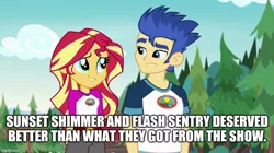 Size: 888x499 | Tagged: safe, derpibooru import, edit, edited screencap, screencap, flash sentry, sunset shimmer, equestria girls, legend of everfree, caption, female, flashimmer, image, image macro, imgflip, jpeg, male, shipping, straight, text