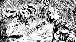 Size: 4252x2364 | Tagged: safe, artist:lexx2dot0, derpibooru import, oc, oc:blackjack, pony, unicorn, fallout equestria, fallout equestria: project horizons, black and white, book, comic, duo, fanfic art, grayscale, horn, image, monochrome, png, small horn