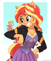 Size: 2218x2675 | Tagged: safe, artist:lummh, derpibooru import, ray, sunset shimmer, gecko, leopard gecko, lizard, equestria girls, clothes, clothes swap, cosplay, costume, cute, dress, duo, female, happy, image, jacket, jpeg, male, ponied up, pony ears, rapunzel, ray is not amused, tangled (disney), teeth, unamused, unhappy