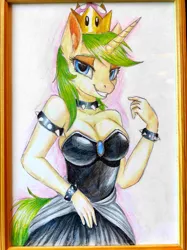 Size: 3472x4640 | Tagged: safe, artist:megabait, derpibooru import, oc, oc:markov, ponified, anthro, pony, unicorn, bowsette, clothes, cosplay, costume, crossover, crown, green hair, image, jewelry, jpeg, painting, pencil, regalia, rule 63, super crown, traditional art