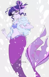 Size: 651x1024 | Tagged: safe, artist:5mmumm5, derpibooru import, sci-twi, twilight sparkle, mermaid, equestria girls, clothes, ear fins, glasses, hair bun, image, jacket, jpeg, mermaid tail, mermaidized, midriff, solo, species swap