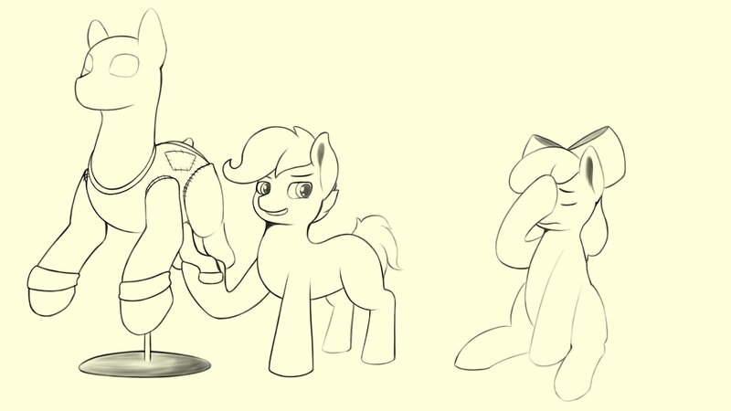 Size: 3840x2160 | Tagged: safe, artist:flutterfigle, derpibooru import, apple bloom, scootaloo, the show stoppers, image, jpeg, mannequin, monochrome