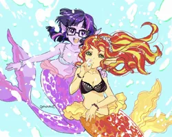 Size: 2048x1640 | Tagged: safe, artist:5mmumm5, derpibooru import, sci-twi, sunset shimmer, twilight sparkle, mermaid, equestria girls, bare shoulders, breasts, cleavage, ear fins, female, glasses, image, jpeg, lesbian, mermaid tail, mermaidized, midriff, scitwishimmer, shipping, sleeveless, species swap, sunsetsparkle