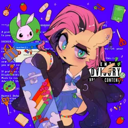 Size: 2000x2000 | Tagged: safe, artist:lexiedraw, derpibooru import, angel bunny, fluttershy, pegasus, pony, bandage, blue screen of death, candy, clothes, donut, floating wings, food, image, japanese, looking at you, moon runes, open mouth, pills, png, scissors, skateboard, solo focus, strawberry, wings