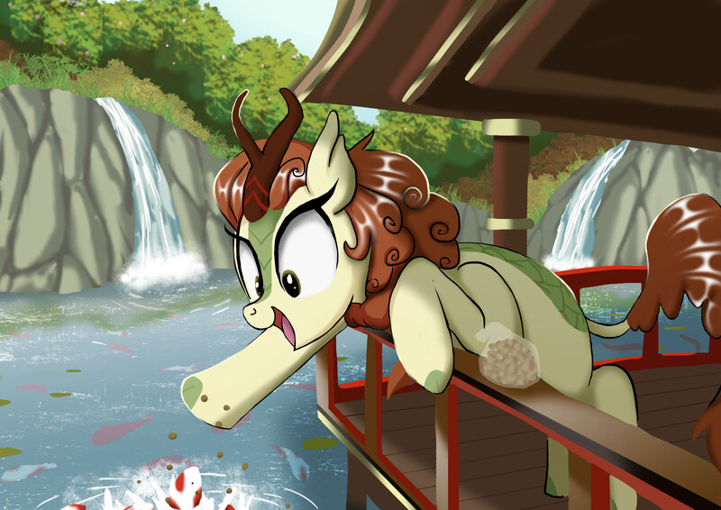 Size: 3508x2480 | Tagged: safe, artist:neoshrek, derpibooru import, autumn blaze, carp, fish, kirin, koi, awwtumn blaze, cute, feeding, hill, image, jpeg, leaning, open mouth, pagoda, solo, tree, water, waterfall