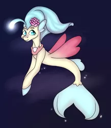 Size: 1434x1641 | Tagged: safe, artist:voxeu, derpibooru import, princess skystar, seapony (g4), my little pony: the movie, bioluminescent, blue eyes, blue mane, bubble, collaboration, dorsal fin, female, fin wings, fish tail, flower, flower in hair, flowing mane, flowing tail, glow, image, jewelry, looking at you, necklace, pearl necklace, png, red wings, smiling, solo, swimming, tail, underwater, wings