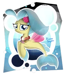 Size: 1050x1220 | Tagged: safe, artist:cloudyzu, derpibooru import, princess skystar, seapony (g4), my little pony: the movie, blue eyes, blue mane, bubble, chibi, collaboration, dorsal fin, female, fin wings, fish tail, flower, flower in hair, flowing mane, flowing tail, image, jewelry, looking at you, necklace, pearl necklace, png, red wings, seashell necklace, smiling, solo, tail, underwater, wings